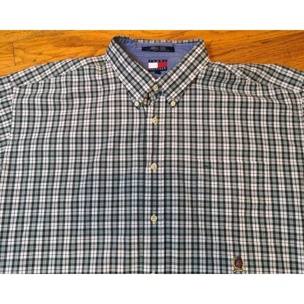 Tommy Hilfiger Shirt Mens XXL Green Plaid Pocket ButtonUp Vintage Lions Crest